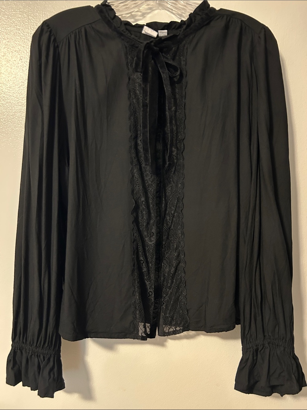 GAP Black Lace-Trim Velvet Tie-Neck Blouse